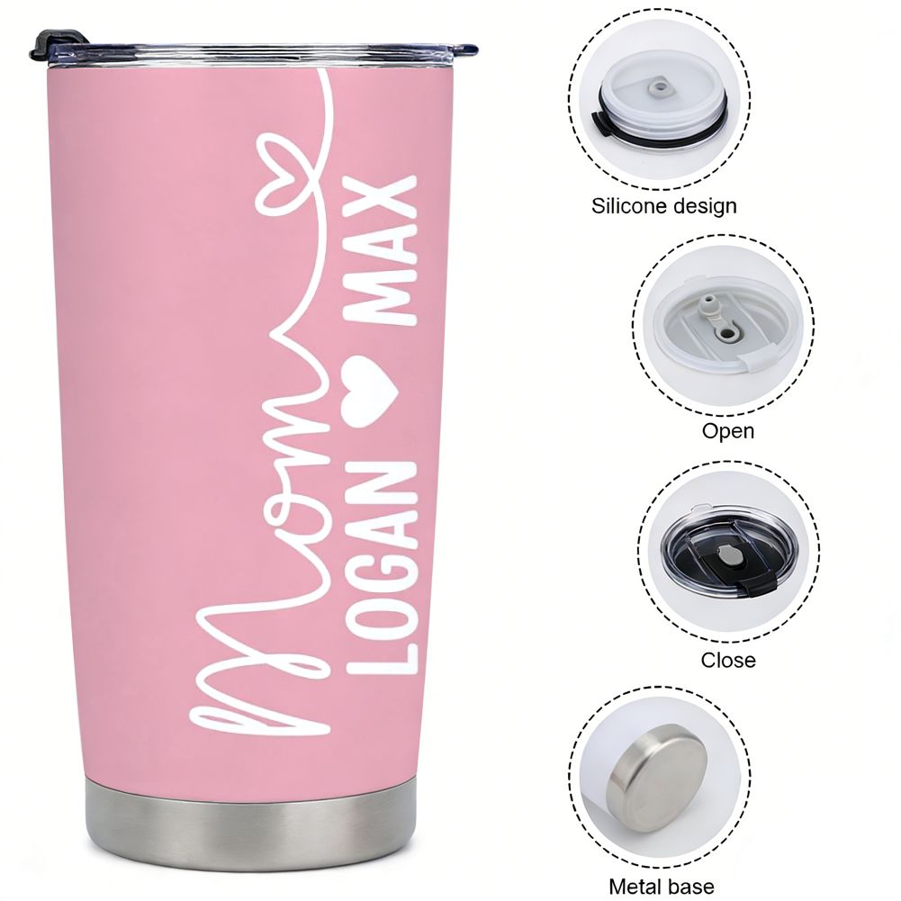 Personalized Mom Tumbler with Kids Names, Custom Pink Mother's Day Gift - 20oz
