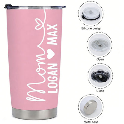 Personalized Mom Tumbler with Kids Names, Custom Pink Mother's Day Gift - 20oz