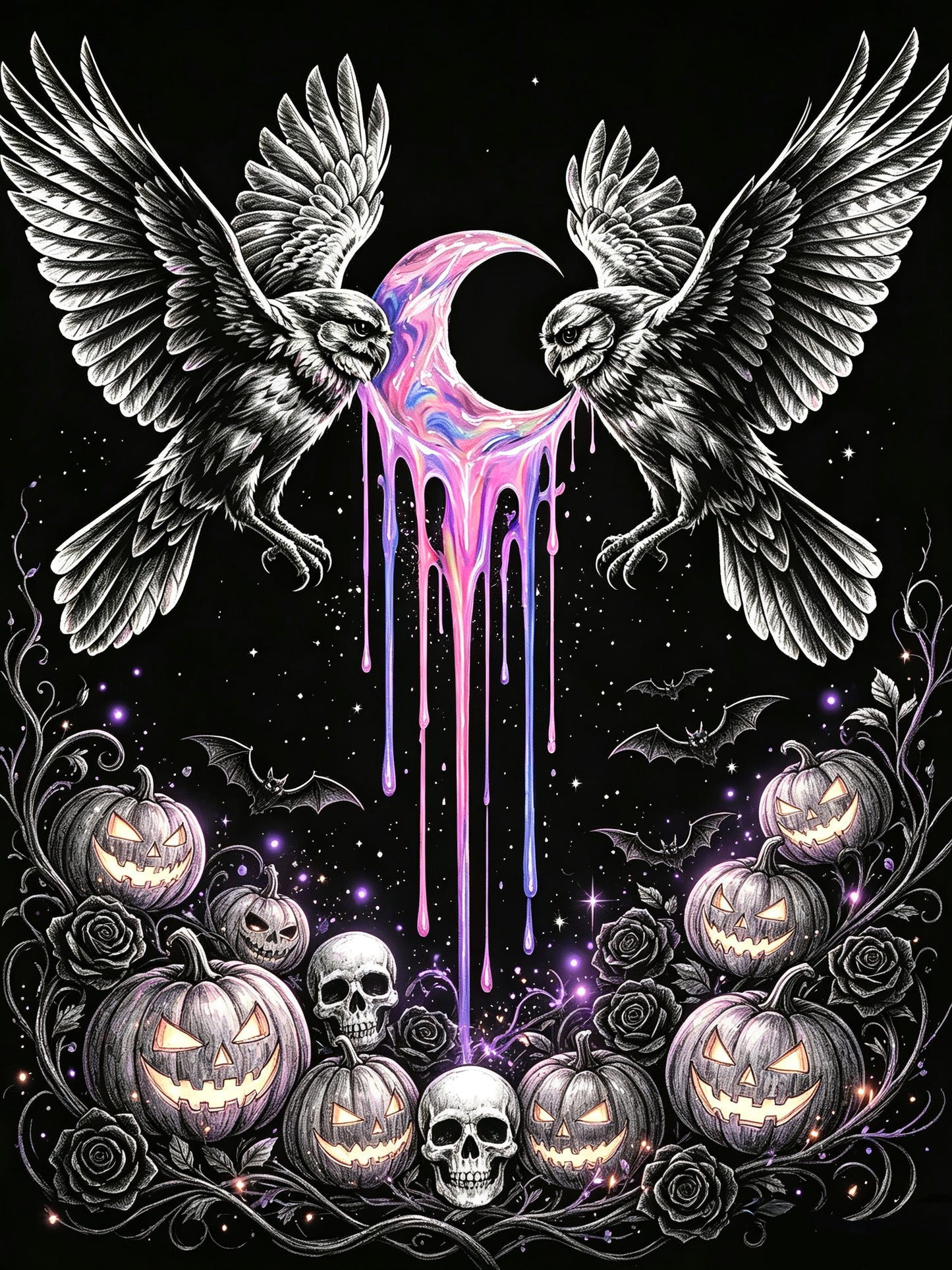 Moonbound Owl Coven neon gothic Halloween canvas artwork preview