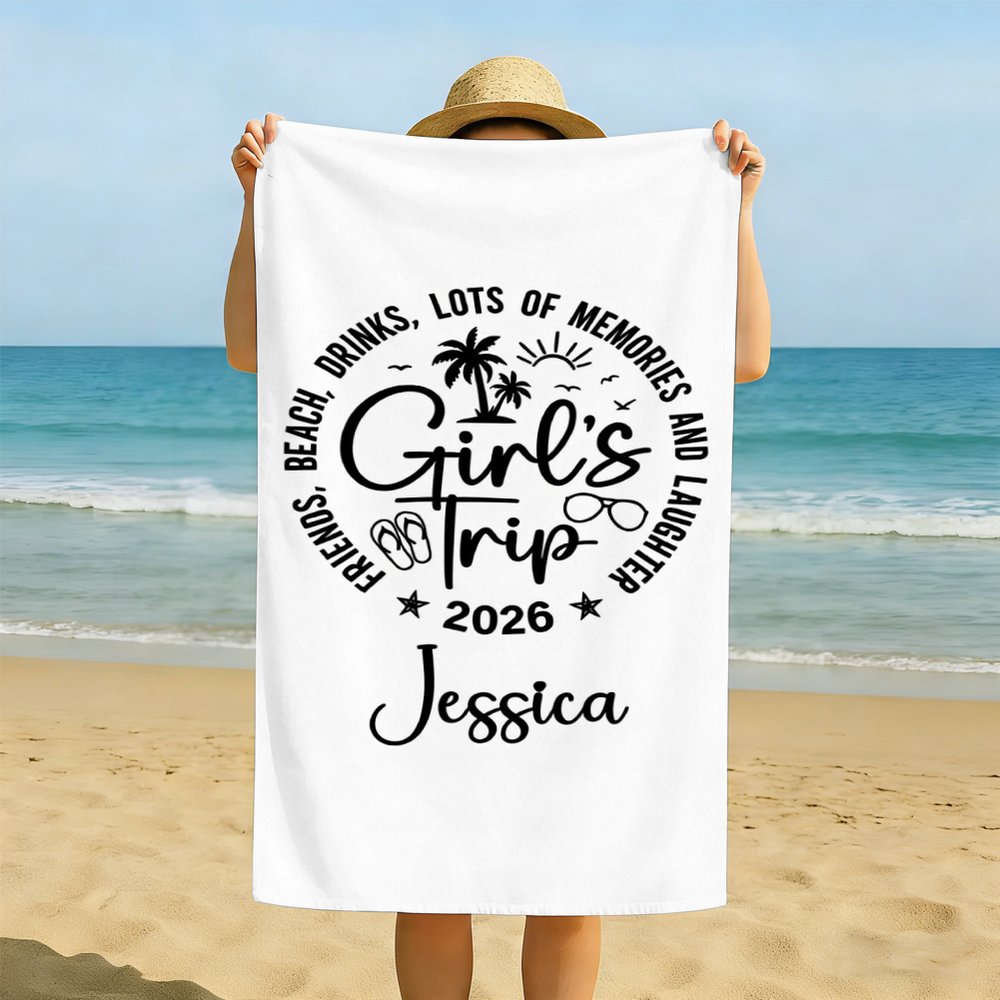 Personalized Girls Trip Beach Towel, Custom Name Vacation Towel, Funny Summer Travel Towel