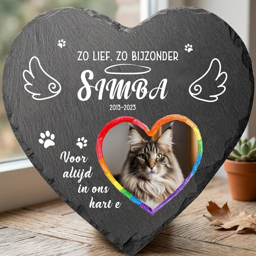 Personalized Heart Pet Memorial Stone with Photo, Custom Cat Grave Marker, Rainbow Heart Design