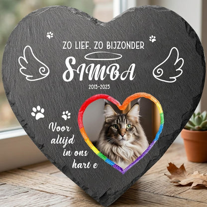 Personalized Heart Pet Memorial Stone with Photo, Custom Cat Grave Marker, Rainbow Heart Design