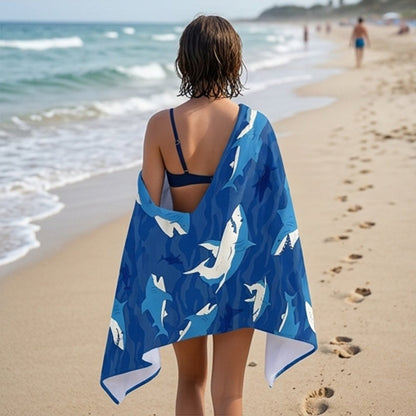 Personalized Shark Beach Towel with Name, Blue Ocean Custom Towel for Kids, Pool, Beach, and Travel