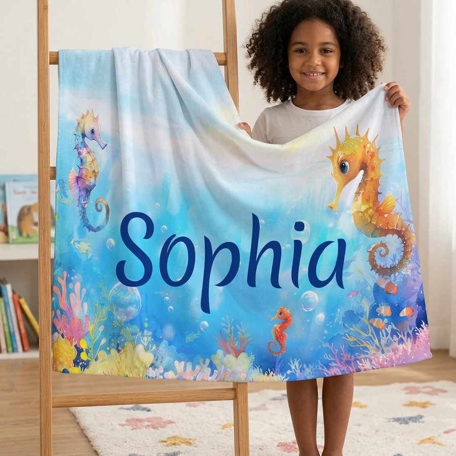 Personalized Seahorse Beach Towel, Custom Name Kids Summer Pool Towel, Ocean Animal Sand-Free Towel