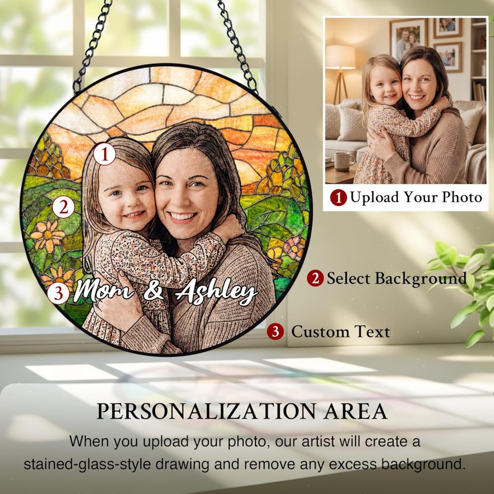Personalized Photo Mom Suncatcher, Custom Stained Glass Window Hanging with Text