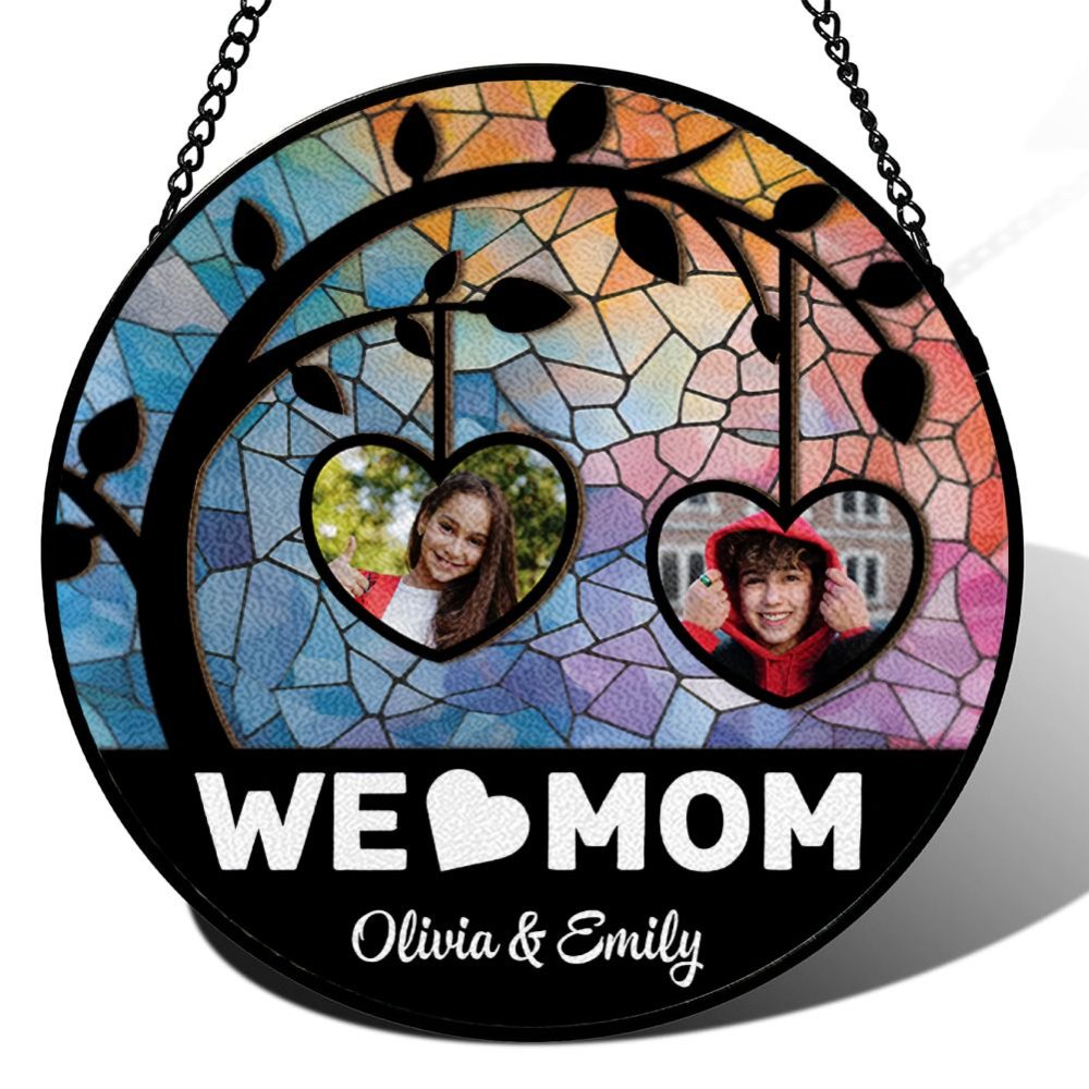 Personalized Photo Mom Suncatcher, Custom Heart Window Hanging with Names