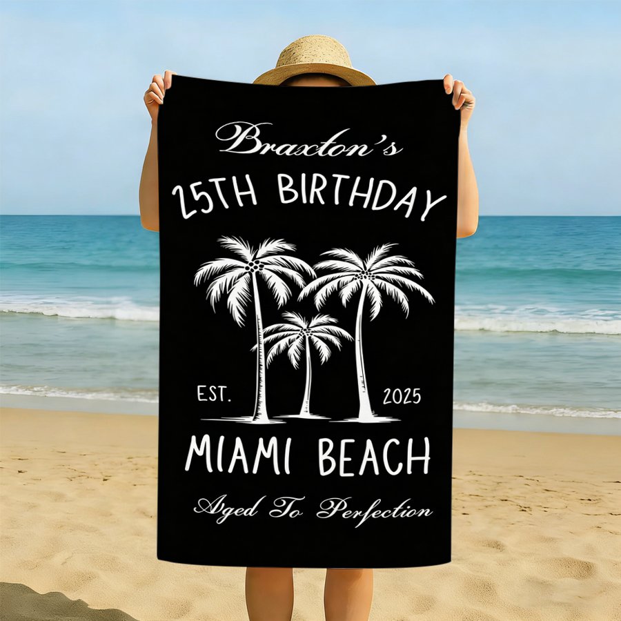 Custom Birthday Beach Towel Personalized Name & Age Beach Vacation Towel - Tropical Palm Tree Custom Year Gift