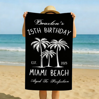 Custom Birthday Beach Towel Personalized Name & Age Beach Vacation Towel - Tropical Palm Tree Custom Year Gift