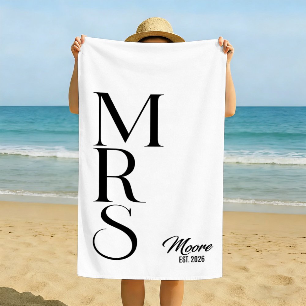 Personalized Monogram Beach Towel with Family Name & Established Year Custom Black Beach Towel