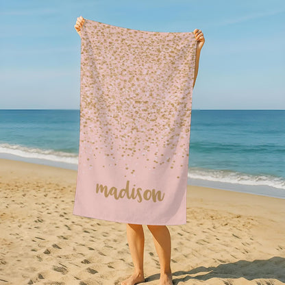 Personalized Pink Beach Towel with Gold Confetti, Custom Name Monogram, Cute Custom Sand-Free Quick Dry Towel for Beach, Pool, Travel