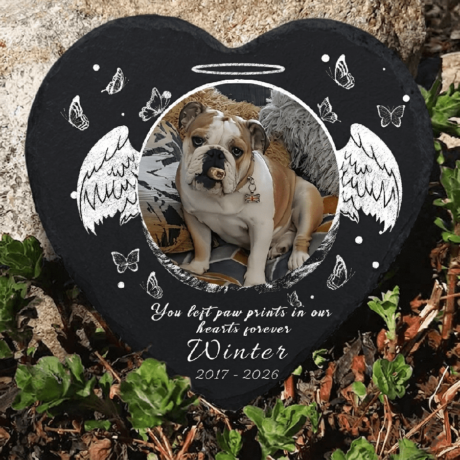 Personalized Memorial Stone for Pets, Custom Heart Grave Marker with Photo and Angel Wings