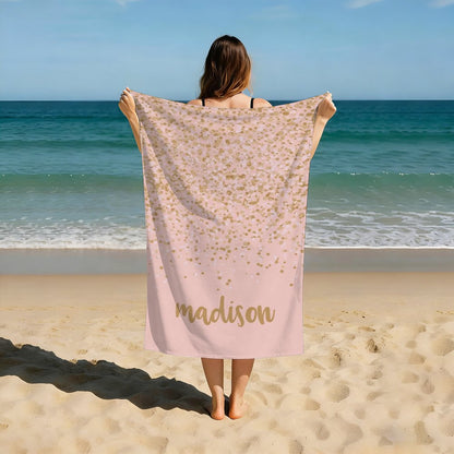 Personalized Pink Beach Towel with Gold Confetti, Custom Name Monogram, Cute Custom Sand-Free Quick Dry Towel for Beach, Pool, Travel