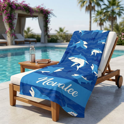 Personalized Shark Beach Towel with Name, Blue Ocean Custom Towel for Kids, Pool, Beach, and Travel