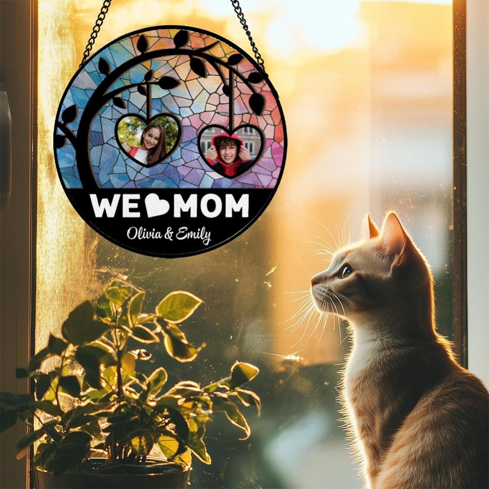 Personalized Photo Mom Suncatcher, Custom Heart Window Hanging with Names