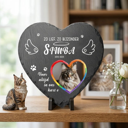 Personalized Heart Pet Memorial Stone with Photo, Custom Cat Grave Marker, Rainbow Heart Design