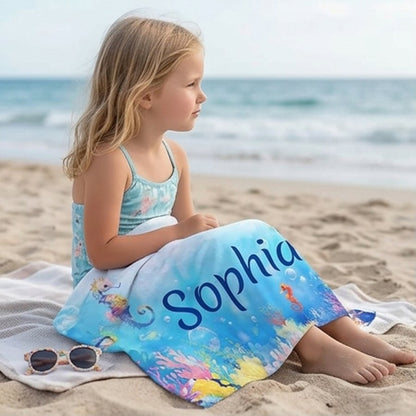 Personalized Seahorse Beach Towel, Custom Name Kids Summer Pool Towel, Ocean Animal Sand-Free Towel