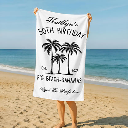 Custom Birthday Beach Towel Personalized Name & Age Beach Vacation Towel - Tropical Palm Tree Custom Year Gift