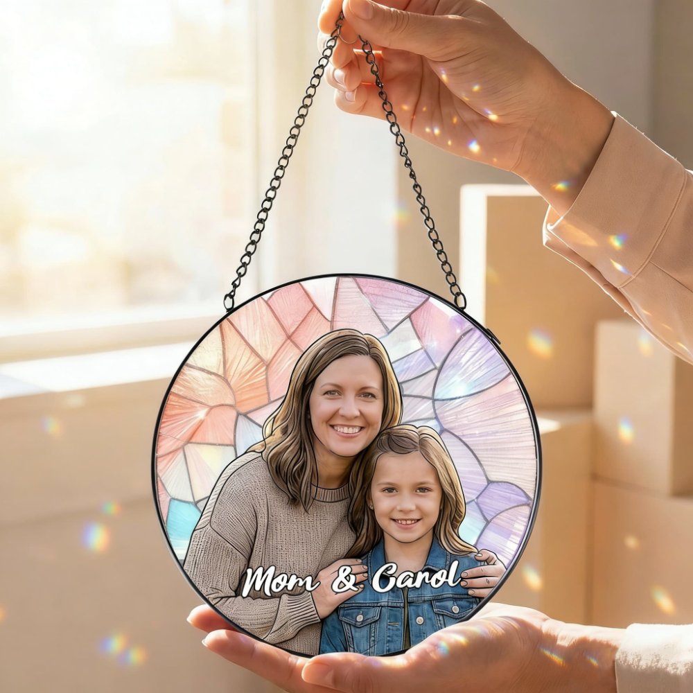 Personalized Photo Mom Suncatcher, Custom Stained Glass Window Hanging with Text
