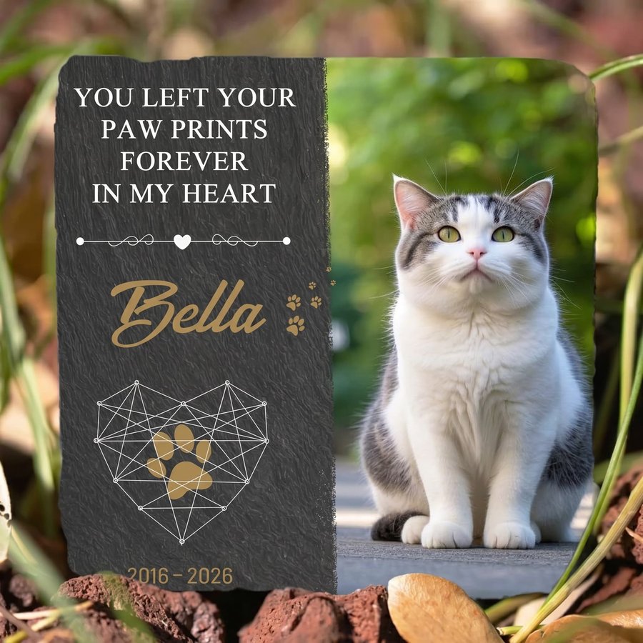 Custom Cat Memorial Stone with Photo, Personalized Pet Grave Marker for Outdoor Garden Tribute