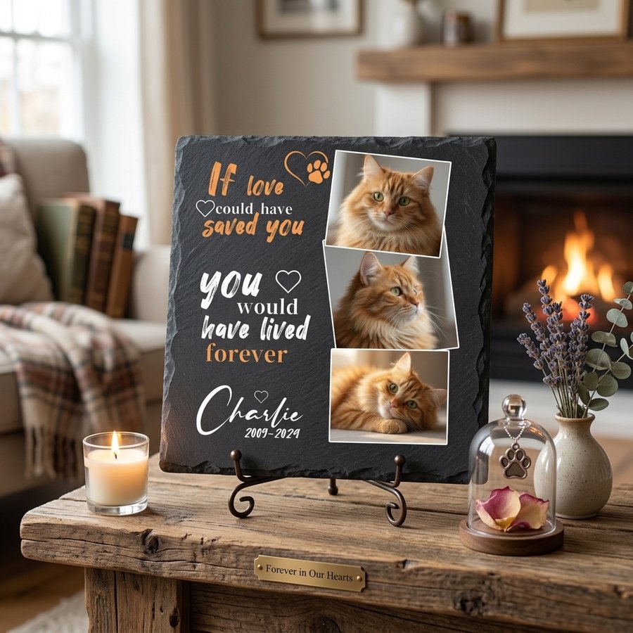 Personalized Cat Memorial Stone with Photo Collage, Custom Pet Grave Marker for Outdoor Tribute