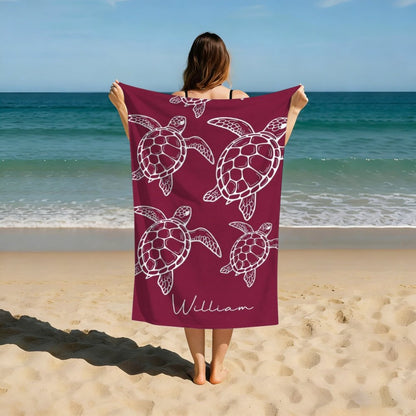 Personalized Sea Turtle Beach Towel, Custom Name Beach Towel, Ocean Turtle Bath Towel, Summer Pool Towel Gift