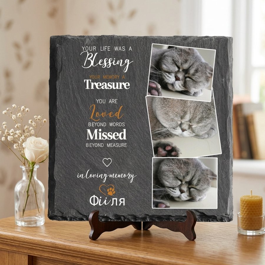 Personalized Pet Memorial Stone with Photo – Custom Cat Grave Marker, Pet Loss Sympathy Gift, In Loving Memory Plaque