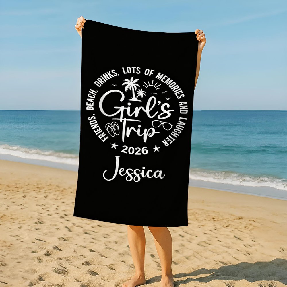 Personalized Girls Trip Beach Towel, Custom Name Vacation Towel, Funny Summer Travel Towel