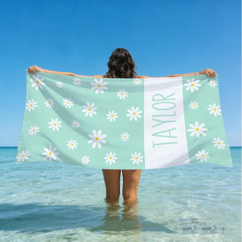 Personalized Daisy Beach Towel, Custom Name Summer Pool Towel, Pastel Floral Sand-Free Bath Towel