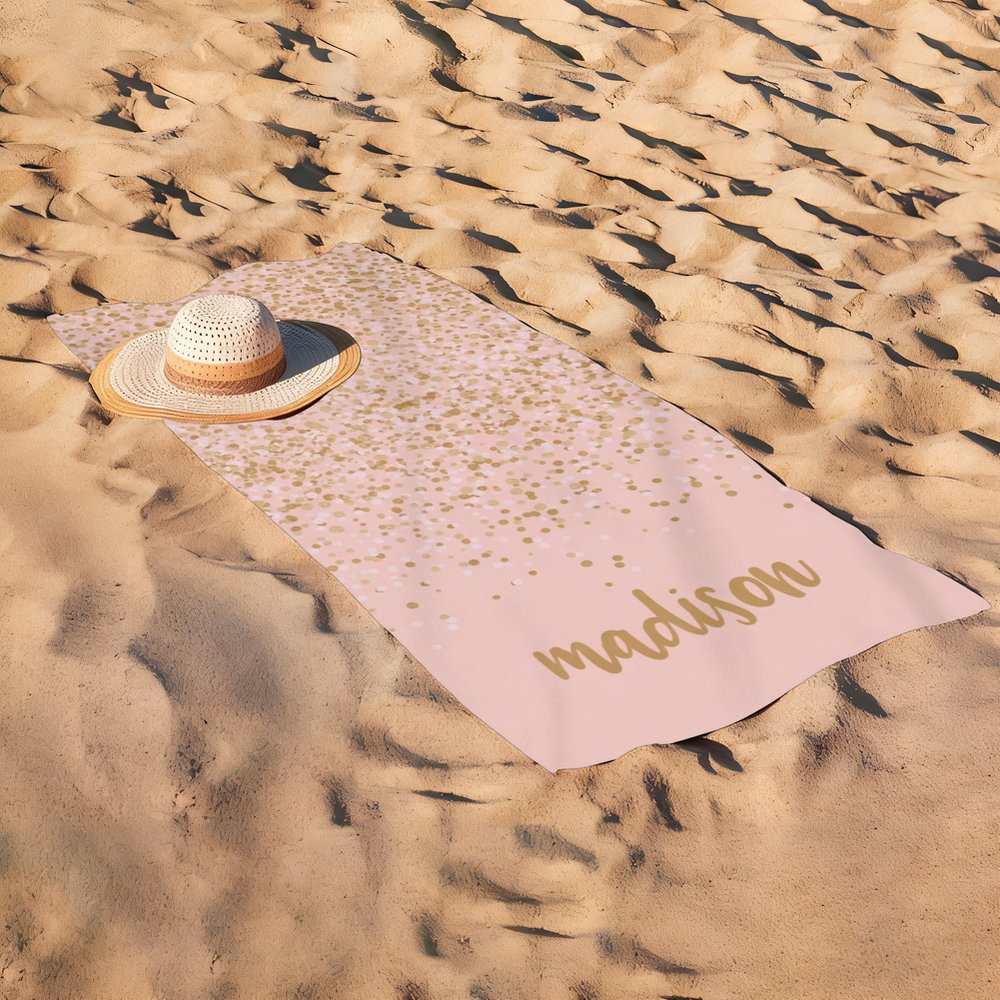 Personalized Pink Beach Towel with Gold Confetti, Custom Name Monogram, Cute Custom Sand-Free Quick Dry Towel for Beach, Pool, Travel