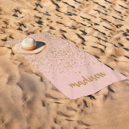 Personalized Pink Beach Towel with Gold Confetti, Custom Name Monogram, Cute Custom Sand-Free Quick Dry Towel for Beach, Pool, Travel