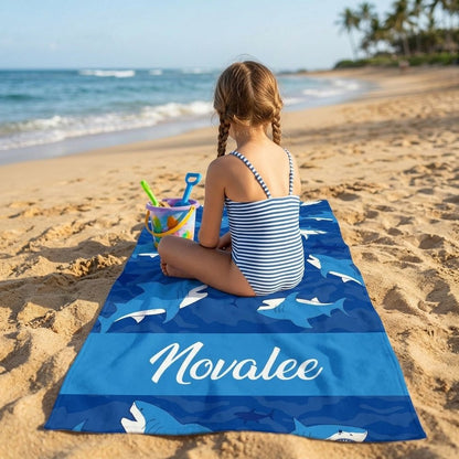 Personalized Shark Beach Towel with Name, Blue Ocean Custom Towel for Kids, Pool, Beach, and Travel