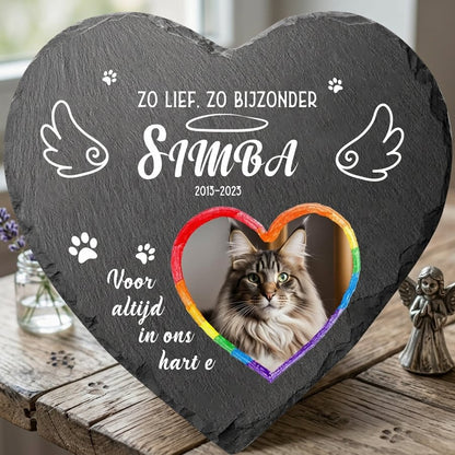 Personalized Heart Pet Memorial Stone with Photo, Custom Cat Grave Marker, Rainbow Heart Design