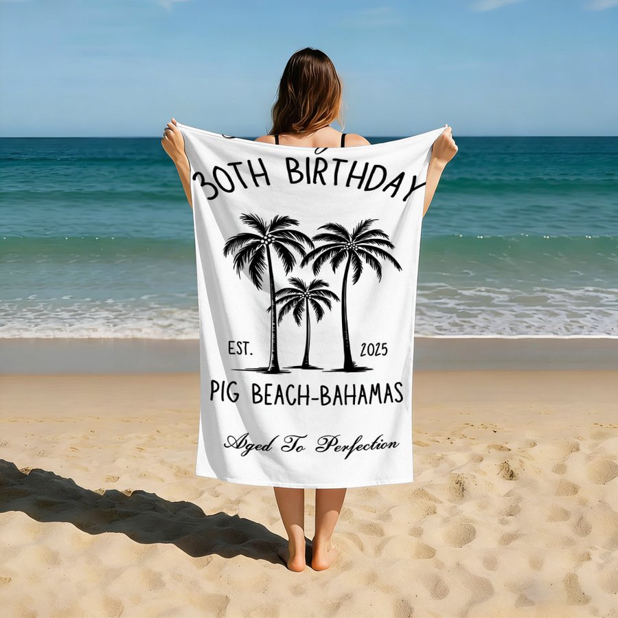 Custom Birthday Beach Towel Personalized Name & Age Beach Vacation Towel - Tropical Palm Tree Custom Year Gift