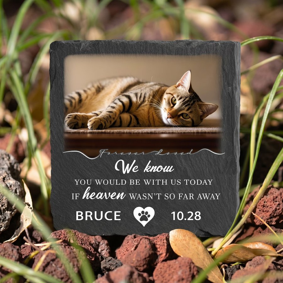 Custom Cat Memorial Stone, Personalized Pet Grave Marker with Photo and Name, Outdoor Slate Pet Headstone for Garden Memorial