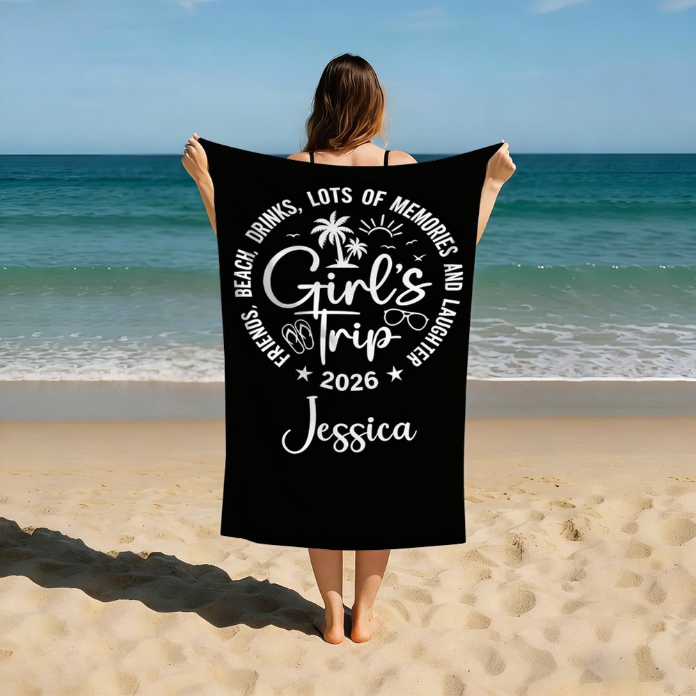 Personalized Girls Trip Beach Towel, Custom Name Vacation Towel, Funny Summer Travel Towel