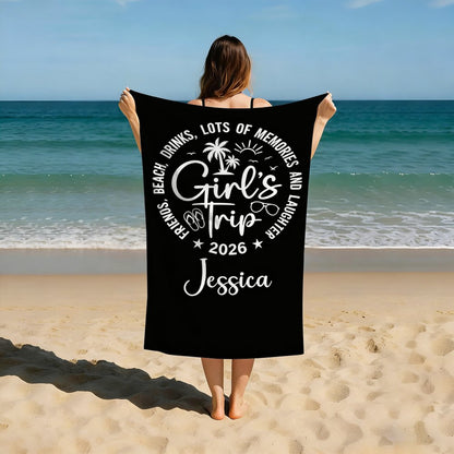 Personalized Girls Trip Beach Towel, Custom Name Vacation Towel, Funny Summer Travel Towel