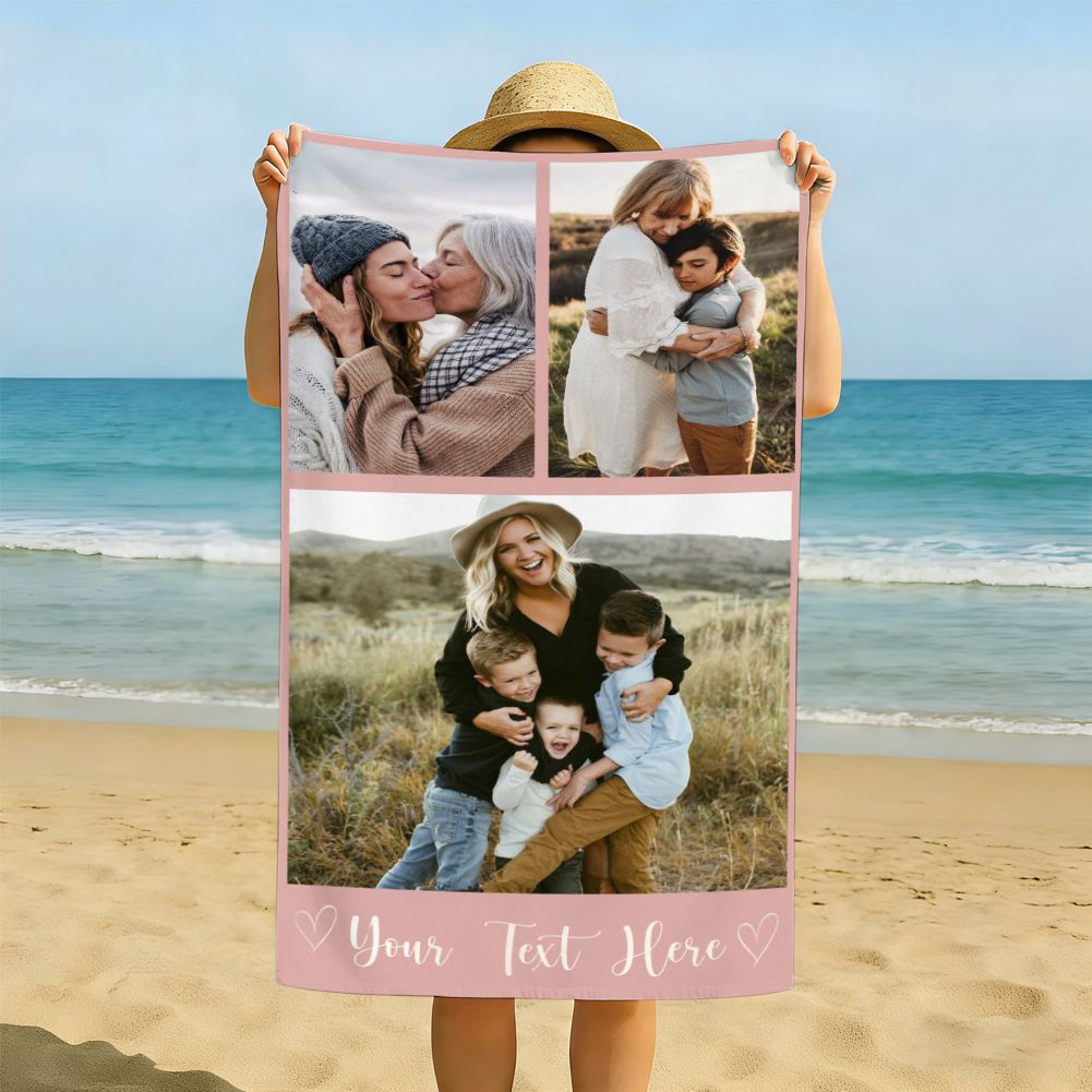 Personalized Photo Collage Beach Towel Custom Text Mother's Day Gift