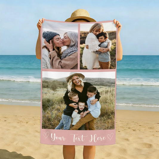 Personalized Photo Collage Beach Towel Custom Text Mother's Day Gift