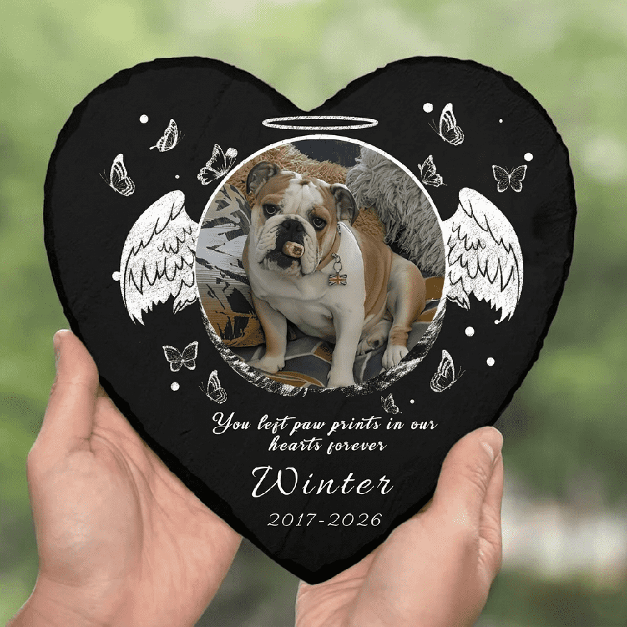 Personalized Memorial Stone for Pets, Custom Heart Grave Marker with Photo and Angel Wings