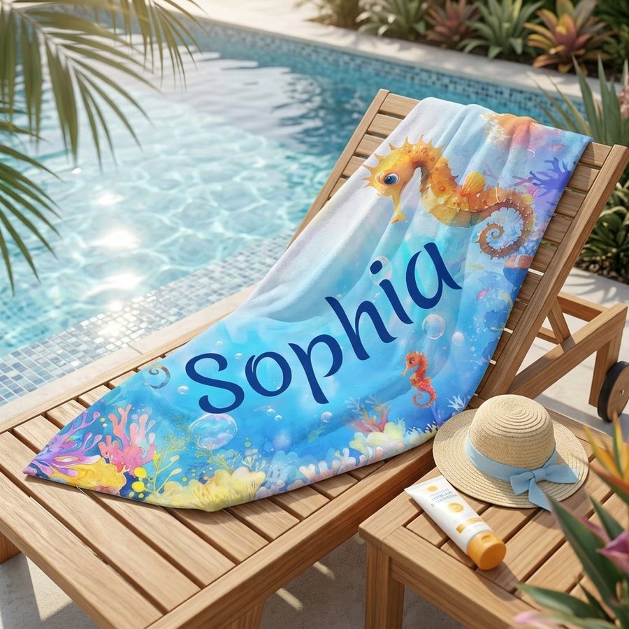 Personalized Seahorse Beach Towel, Custom Name Kids Summer Pool Towel, Ocean Animal Sand-Free Towel