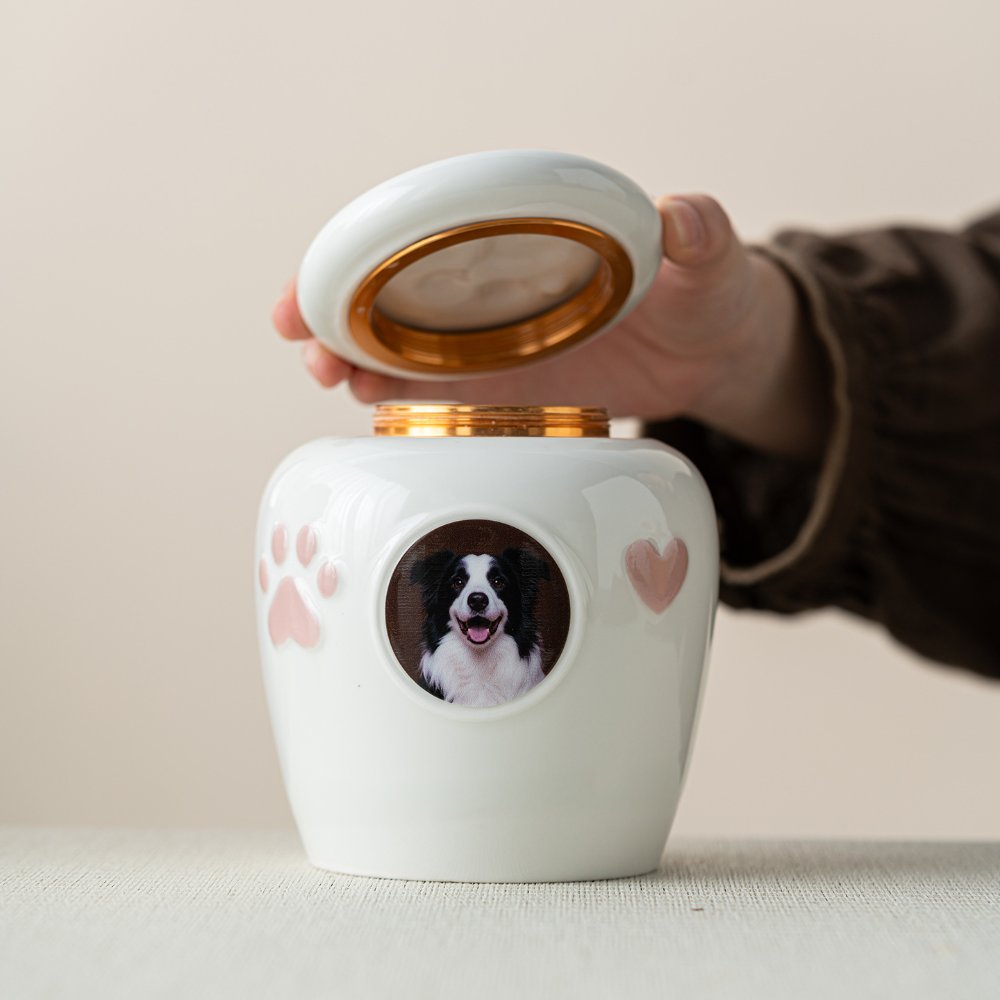 Custom Pet Ashes Urn with Photo, Personalized Dog Memorial Ceramic Urn Keepsake