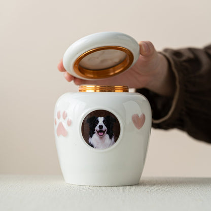 Custom Pet Ashes Urn with Photo, Personalized Dog Memorial Ceramic Urn Keepsake