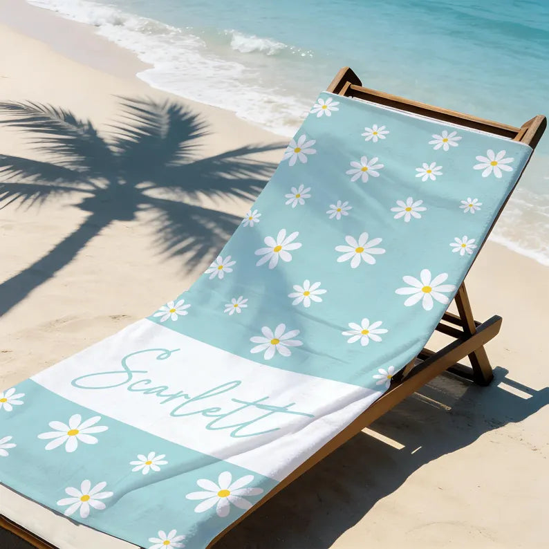 Personalized Daisy Beach Towel, Custom Name Summer Pool Towel, Pastel Floral Sand-Free Bath Towel