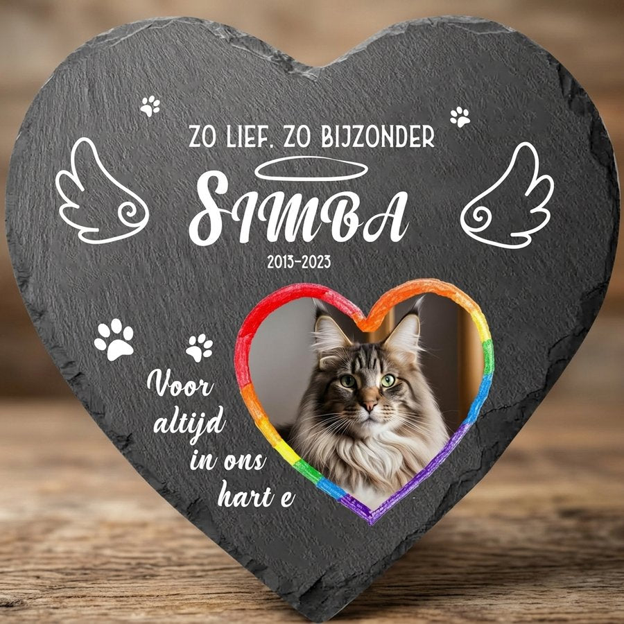Personalized Heart Pet Memorial Stone with Photo, Custom Cat Grave Marker, Rainbow Heart Design