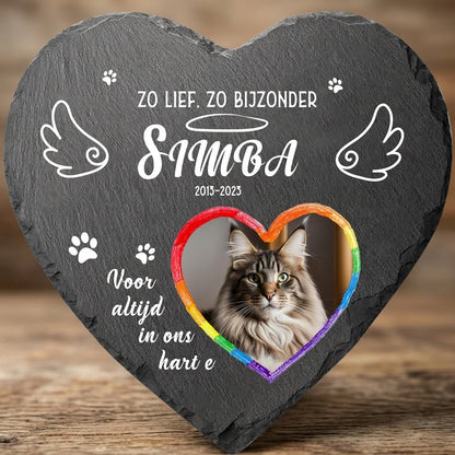 Personalized Heart Pet Memorial Stone with Photo, Custom Cat Grave Marker, Rainbow Heart Design