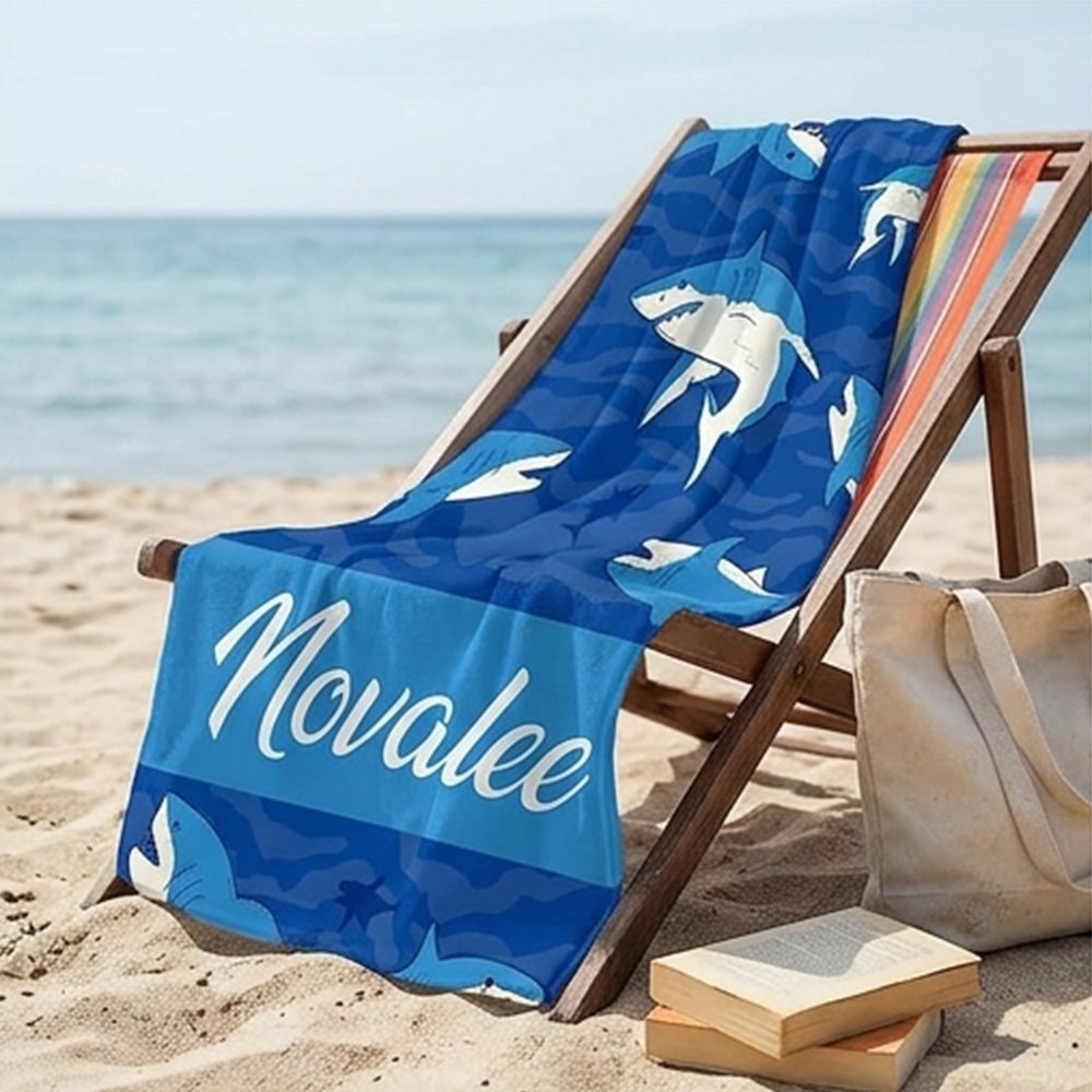 Personalized Shark Beach Towel with Name, Blue Ocean Custom Towel for Kids, Pool, Beach, and Travel