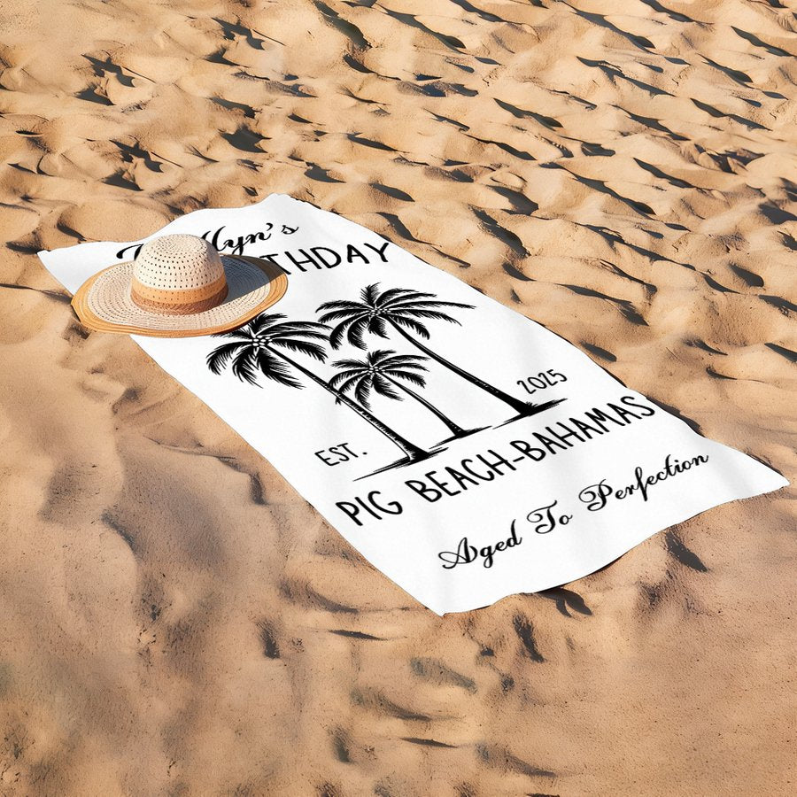 Custom Birthday Beach Towel Personalized Name & Age Beach Vacation Towel - Tropical Palm Tree Custom Year Gift