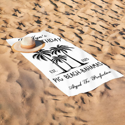 Custom Birthday Beach Towel Personalized Name & Age Beach Vacation Towel - Tropical Palm Tree Custom Year Gift