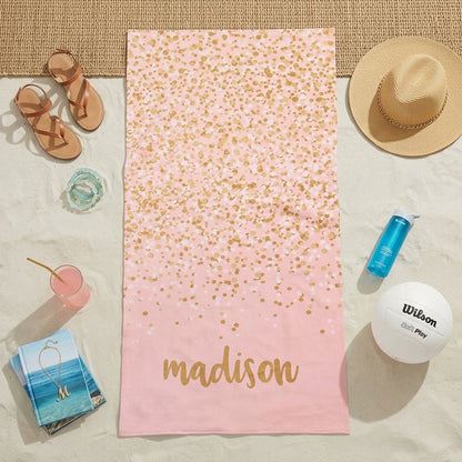 Personalized Pink Beach Towel with Gold Confetti, Custom Name Monogram, Cute Custom Sand-Free Quick Dry Towel for Beach, Pool, Travel