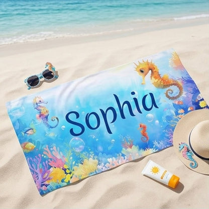 Personalized Seahorse Beach Towel, Custom Name Kids Summer Pool Towel, Ocean Animal Sand-Free Towel